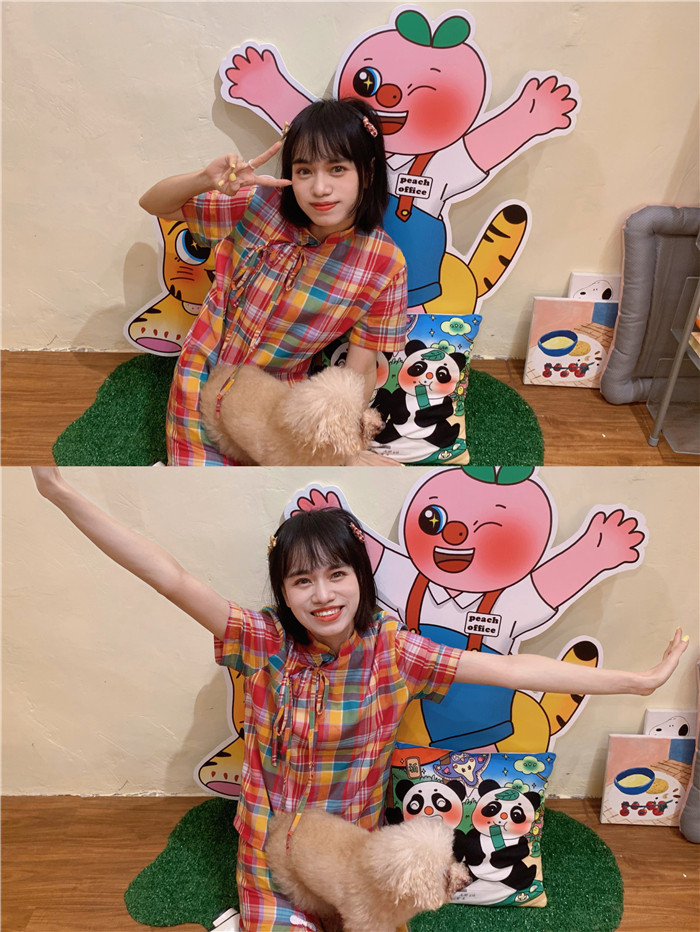FREAKGIRLS SHOWA CHECKERED GIRL BOW NEW CHINESE STYLE COTTON SHIRT + SLIT CHEONGSAM BUTTON SKIRT