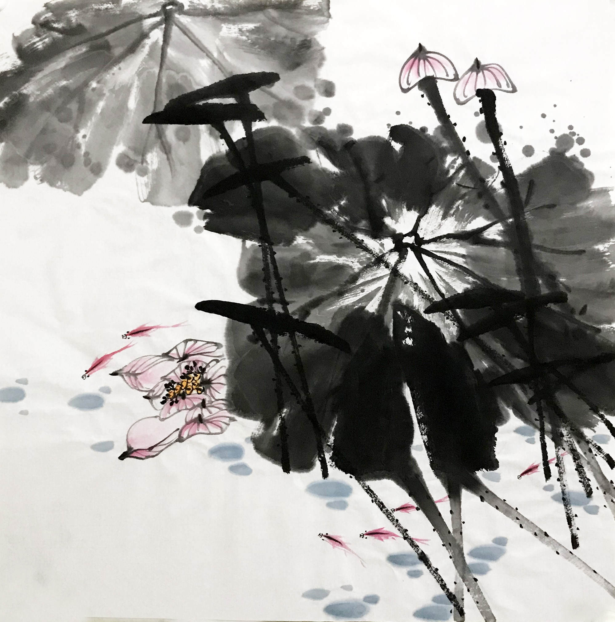 荷花水墨手绘国画四尺斗方无款写意花鸟画国宣纸玄关中式装饰画芯