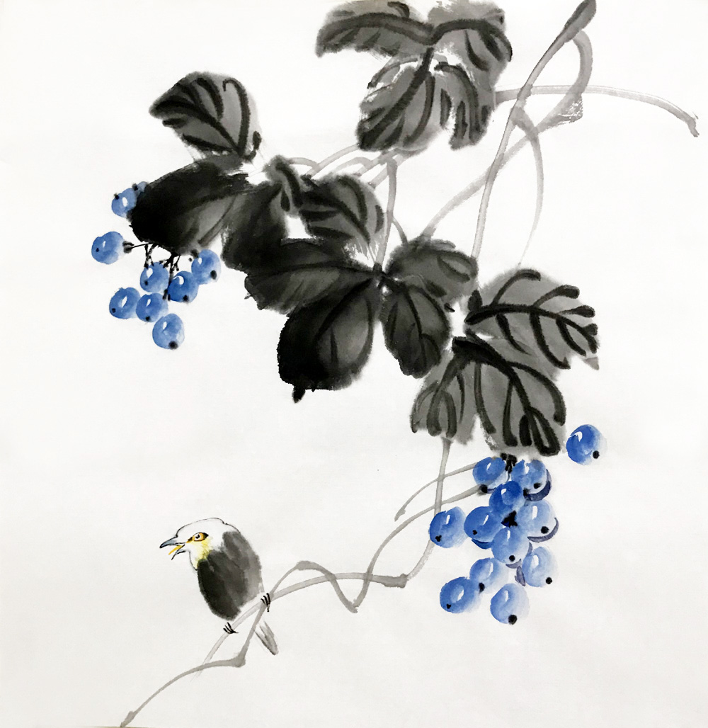 水墨葡萄小鸟3686三尺斗方50*50cm无款纯手绘国画玄关酒店书房茶