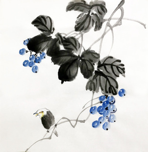 水墨葡萄小鸟国画三尺斗方宣纸画芯无款纯手绘玄关酒店书房茶名家
