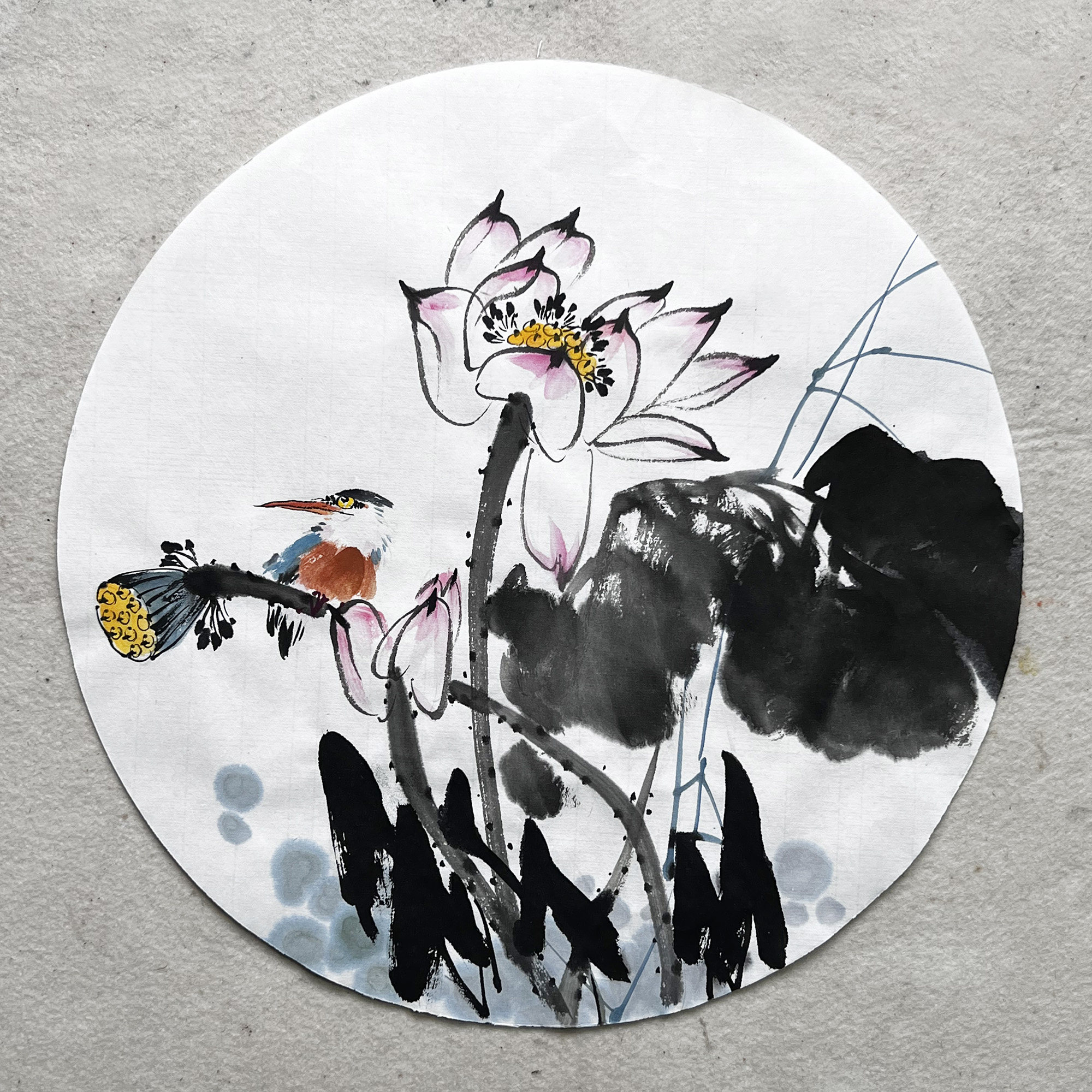 水墨画国画圆形扇面4300宣纸画芯无款新中式墙画挂画玄关翠鸟荷花