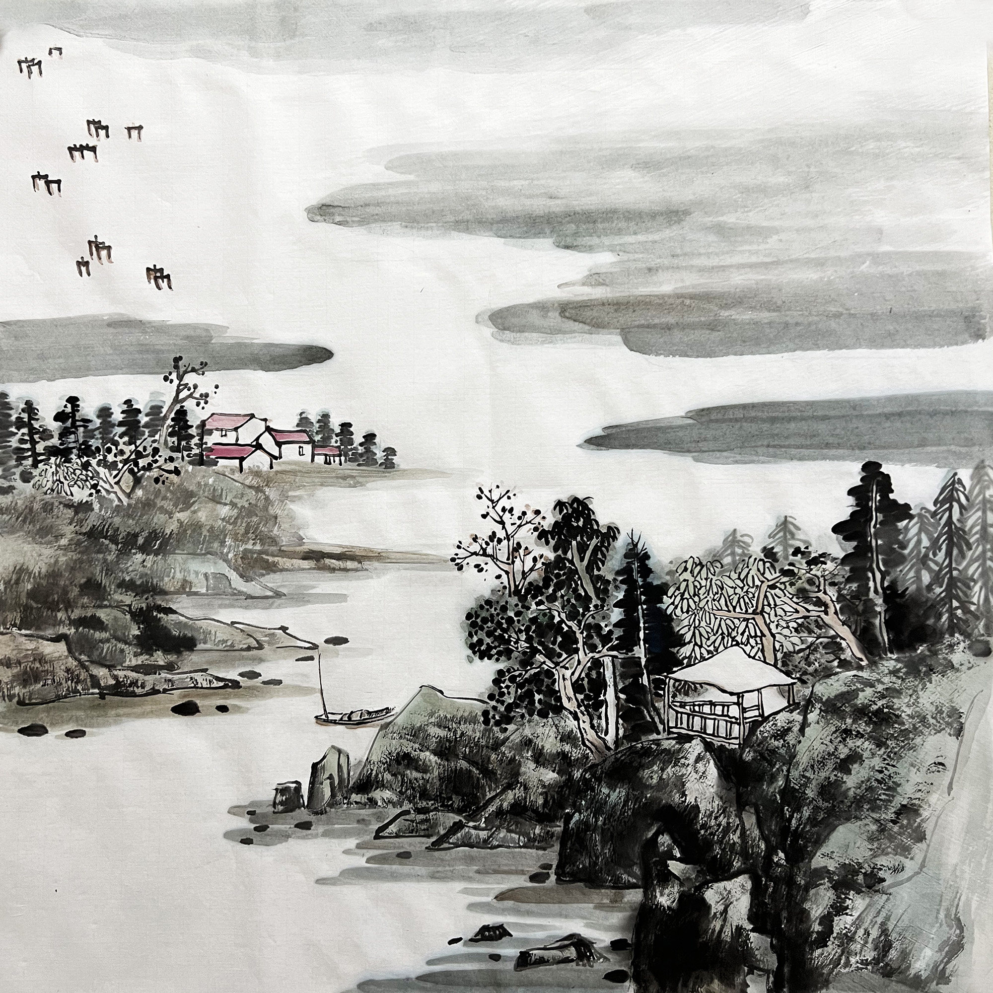 山水画国画小品水墨原稿四尺斗方玄关写生创作新中式宣纸手绘无款