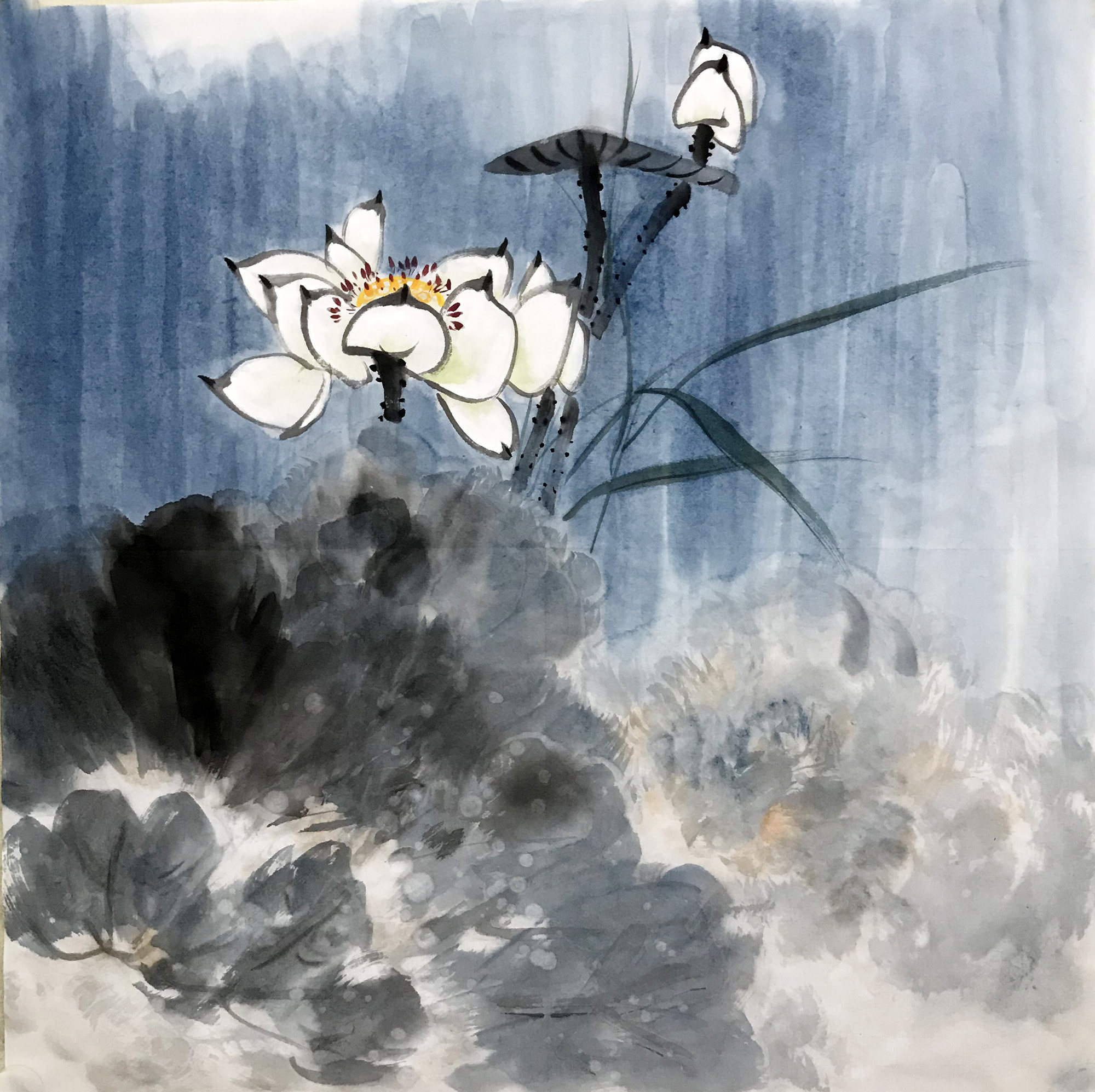 荷花水墨名家3804四尺斗方无款纯手绘宣纸画芯背景墙画玄关新中式