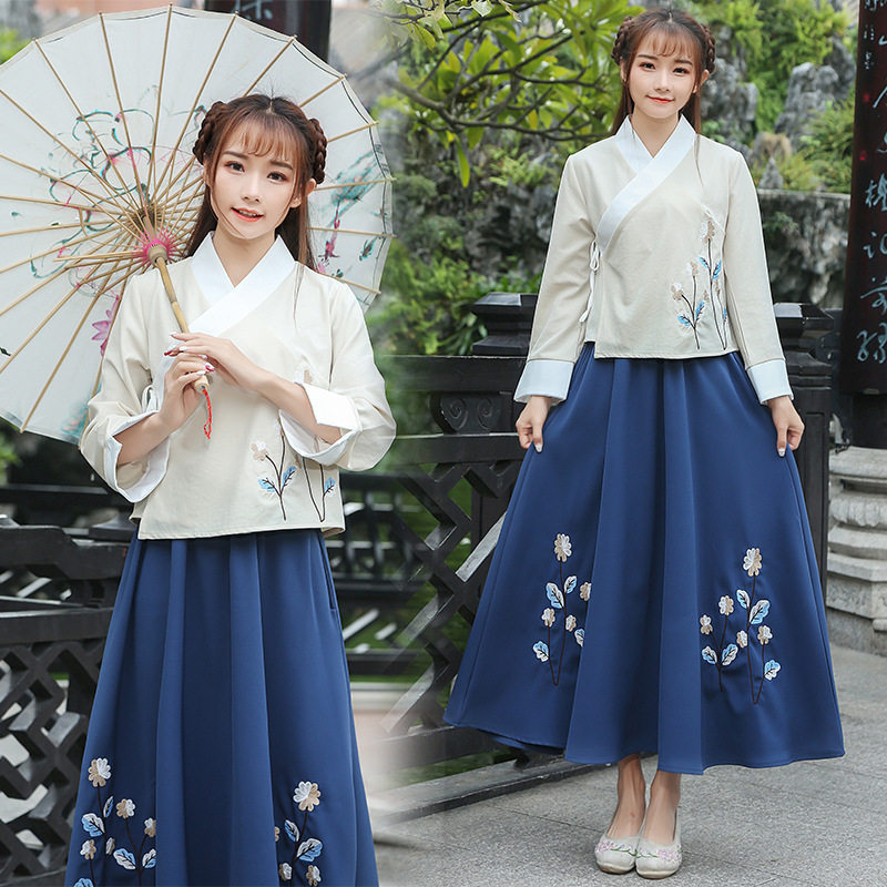 春秋新款改良汉服女装交领传统绣花长袖古典衣裙两件套中国风