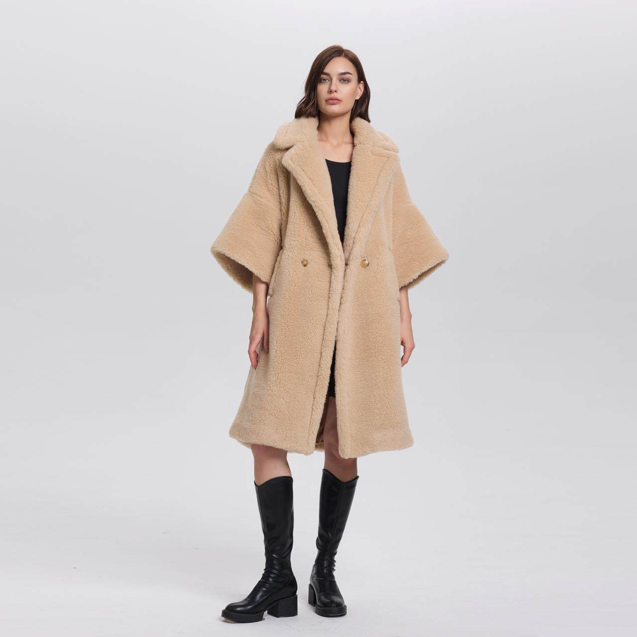 2024M家Teddy香槟色走秀款泰迪熊大衣羊驼毛中长款廓形皮草外套女