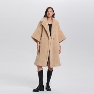 2024M家Teddy香槟色走秀款泰迪熊大衣羊驼毛中长款廓形皮草外套女
