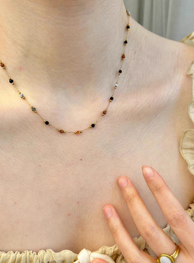 不掉色！洗澡可带！新款钛钢项链手链脚链 镀18k金色彩色理石豆豆