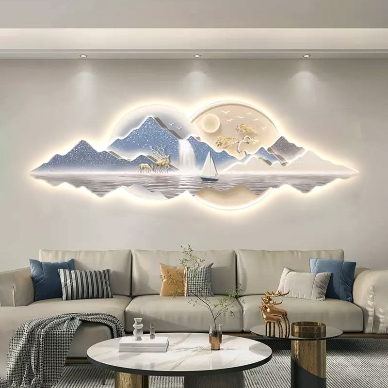 现代轻奢山水客厅装饰画大气高级新中式沙发墙画背有靠山氛围壁画
