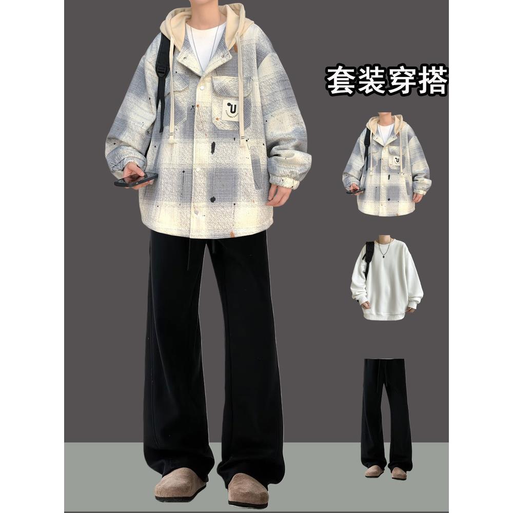 秋冬季工装格子外套男款青少年初高中生显高帅气厚款连帽夹克男生