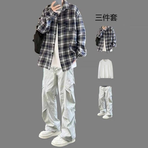 港风复古格子衬衫男士套装学生秋季休闲外套搭配工装裤痞帅三件套