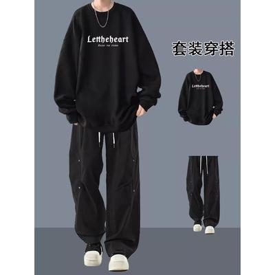 春秋季无帽圆领卫衣男款美式重磅青少年加绒加厚长袖打底衫上衣冬