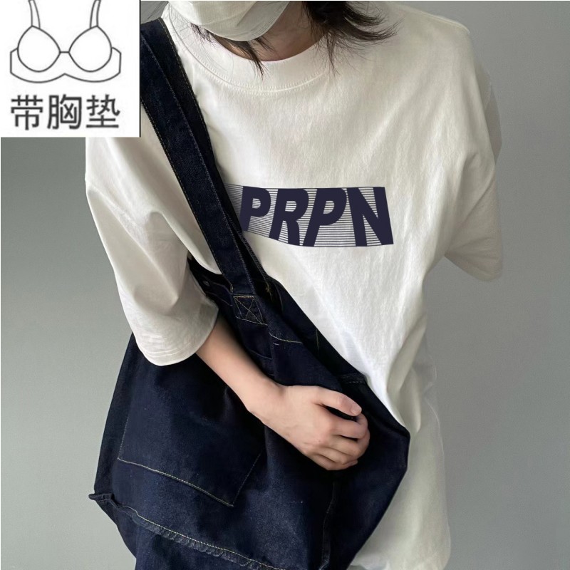 带胸垫睡衣女夏季纯棉短袖薄款宽松大码t恤单件白色字母上衣居家