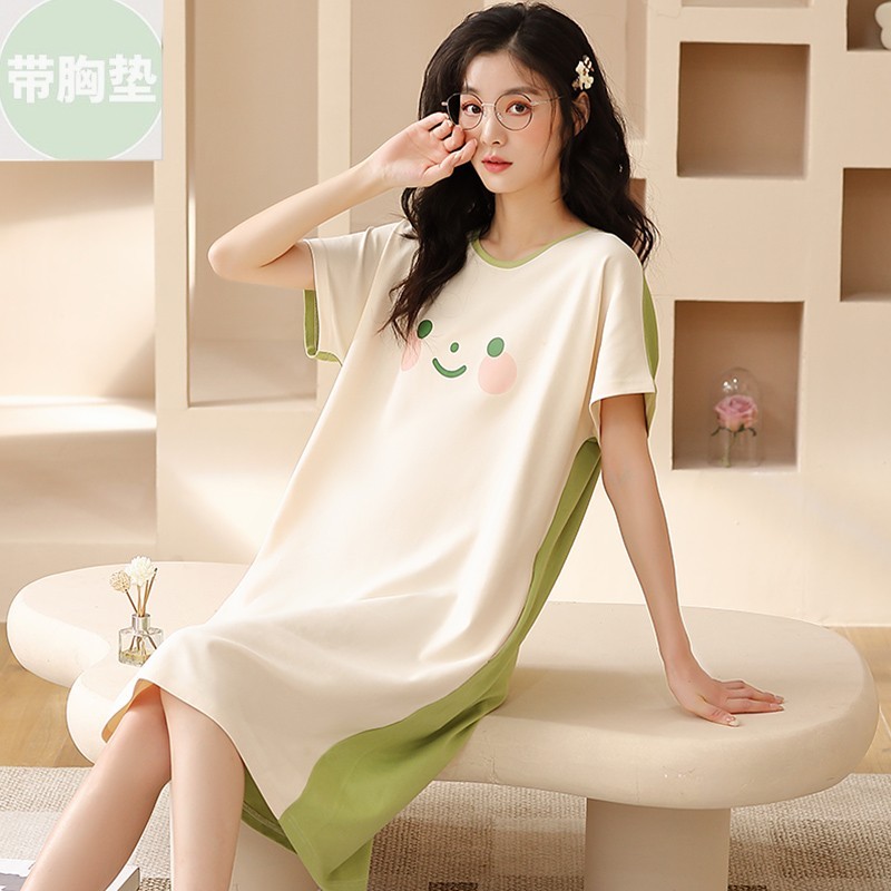 笑脸睡裙女士夏季纯棉薄款可爱短袖睡衣家居服性感过膝裙自带胸垫