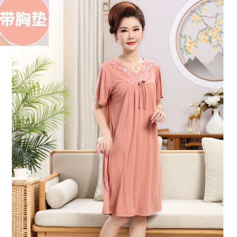 带胸垫莫代尔睡裙女夏季睡衣女中年人妈妈短袖大码棉绸夏天连衣裙