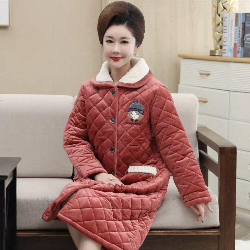 加厚珊瑚绒睡袍中长款冬季女士