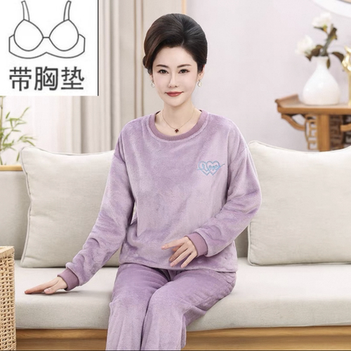 女士珊瑚绒睡衣女秋冬加厚挂带文胸垫保暖家居服套装可外穿妈妈装