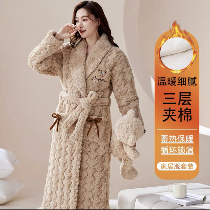 夹棉加厚加绒保暖长款浴袍