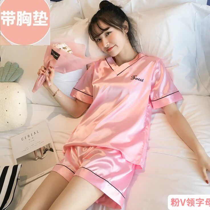 冰丝睡衣女夏季带胸垫一体免穿文胸短袖可外穿夏天丝绸家居服套装