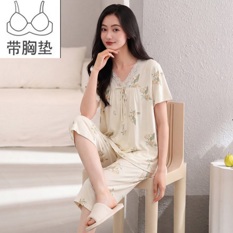 带胸垫莫代尔睡衣女夏季短袖七分裤韩范家居服薄款甜美套装防下垂