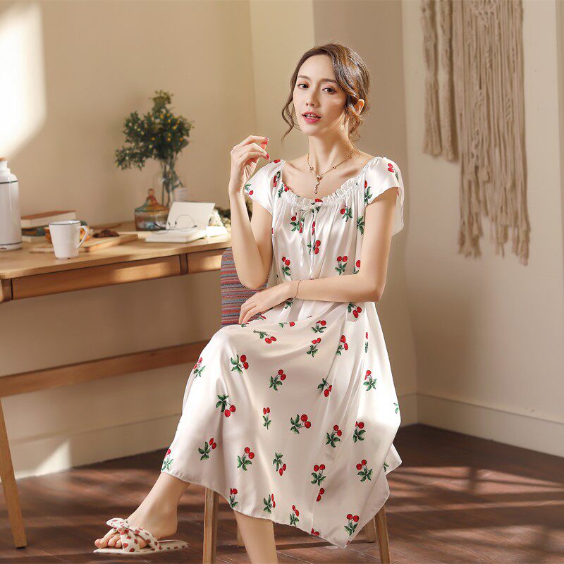 夏季性感丝质睡裙女士薄款丝绸吊带短袖胖mm裙防凸点睡衣裙可外穿