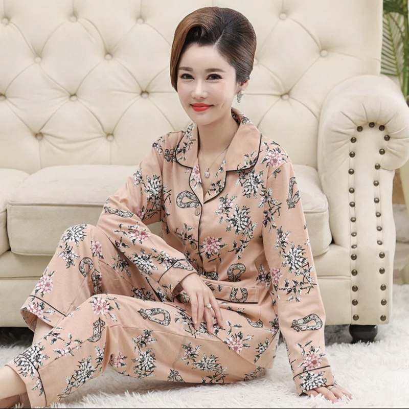 肥婆长袖大码全棉花朵外穿家居服