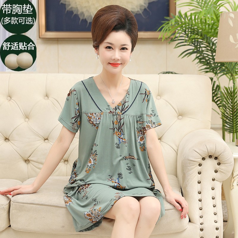 带胸垫睡衣女士睡裙夏天薄款纯棉短袖中长裙妈妈中年宽松过膝裙子