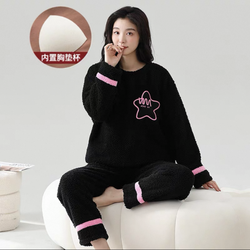 半边绒睡衣女秋冬带胸垫一体免穿文胸长袖冬天保暖黑色家居服套装,女士内衣/男士内衣/家居服,睡衣/家居服套装,淘宝优惠券,粉丝福利购,淘宝优惠卷