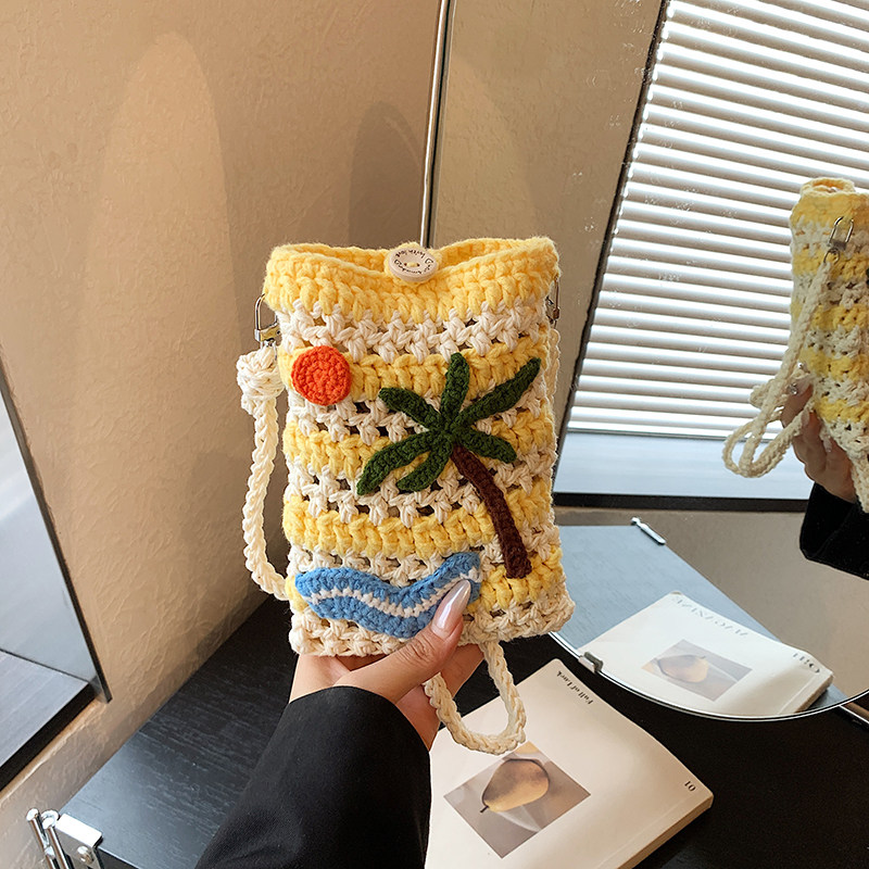 成品手机包纯手工钩织小包包毛线包可爱单肩斜挎包海浪编织包女包