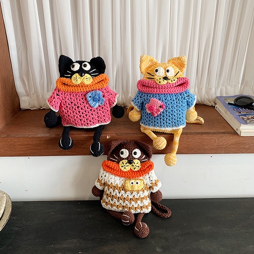 成品大嘴包猫猫手机包香肠嘴毛线钩织包可爱黑猫包纯手工编织女包