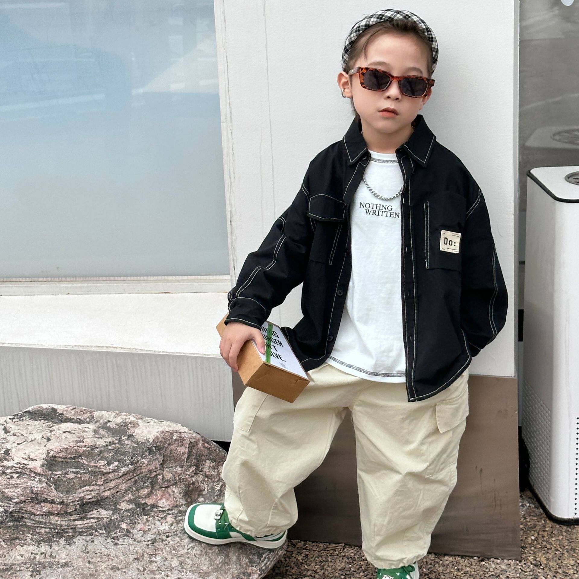 皮皮虾 男童衬衫外套上衣立领纯色内搭外穿春款新款百搭好穿潮服