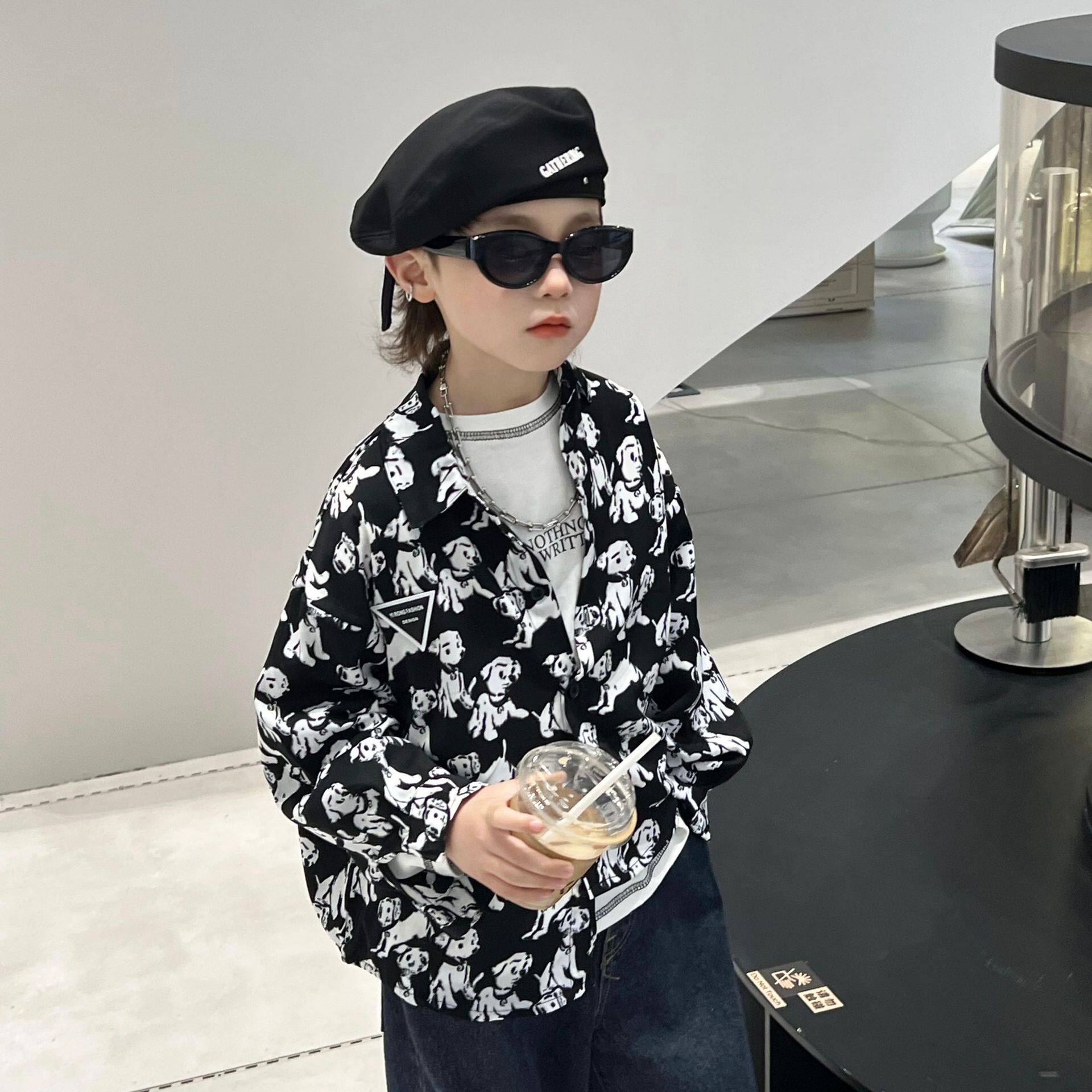 皮皮虾   男童衬衫花色春秋款宝宝衬衣长袖上衣内搭外穿帅气休闲