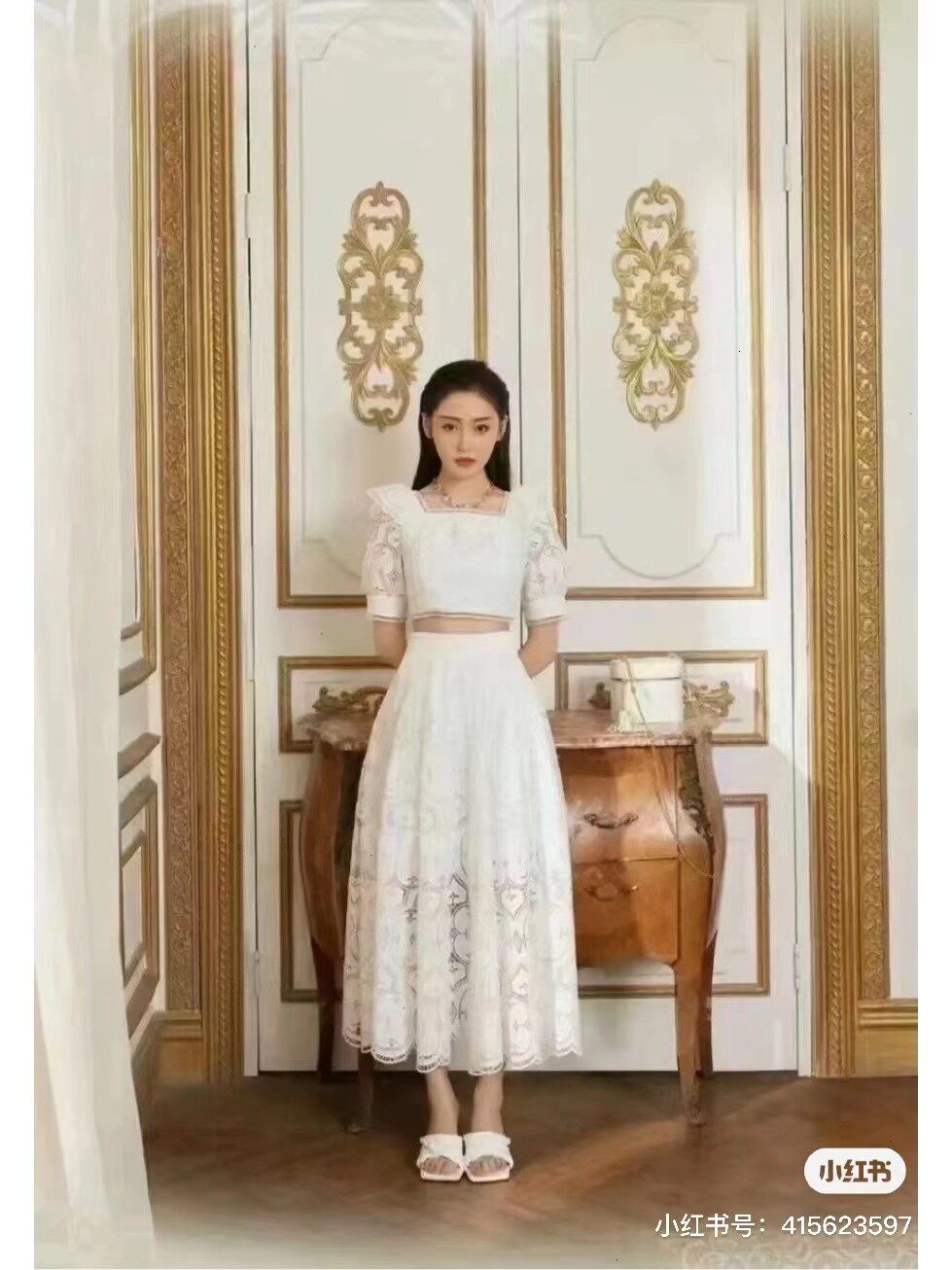 现货懿玛克茜妮2025年新品气质方领蕾丝泡泡袖短上衣长半身裙