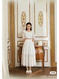 现货懿玛克茜妮2025年新品 短上衣长半身裙 气质方领蕾丝泡泡袖