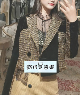 小外套 复古小香风拼接丝绒西装 现货懿玛克茜妮2025年新品 气质修身