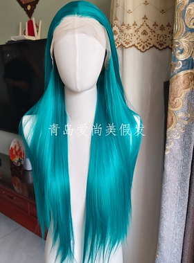 手织前额蕾丝绿色长直发女整顶假发自然发际线动漫cos日常全头套
