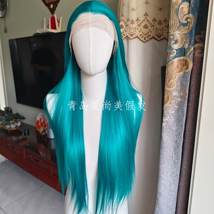 手织前额蕾丝绿色长直发女整顶假发自然发际线动漫cos日常全头套