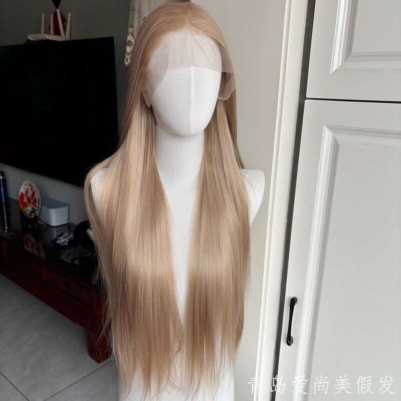 高透气性前蕾丝整顶假发女长发金黄色手钩自然发际线造型cos批发