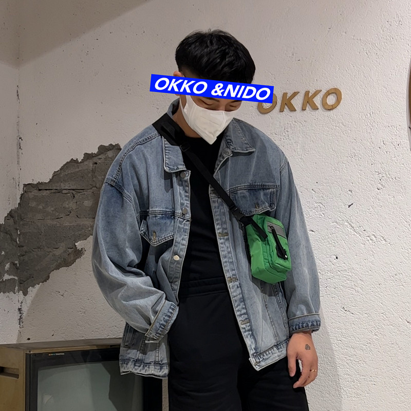 OKKO周边韩版春秋宽松OV工装复古机车中性牛仔夹克外套男女多口袋