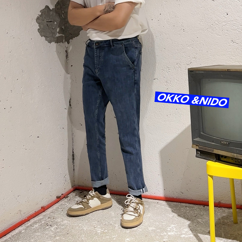 OKKO周边潮流显瘦蓝色牛仔裤时尚基础韩版简约修身百搭男士小脚裤