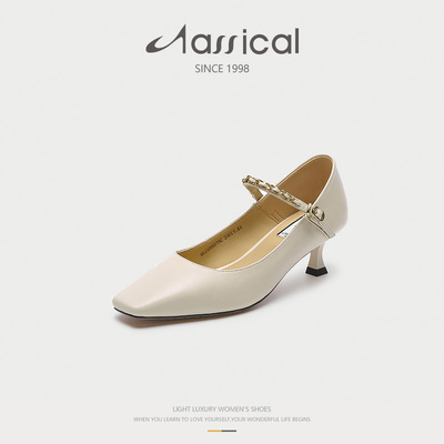 真皮低跟一字带细跟职业女单鞋
