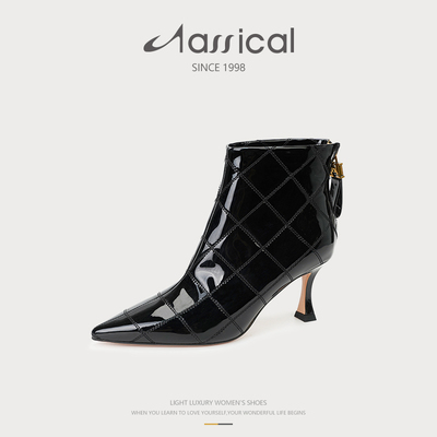 真皮尖头菱格纹细跟高跟女短靴