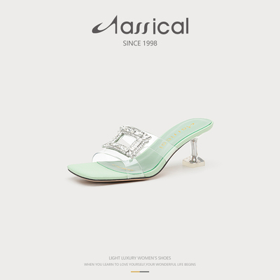 仙女风外穿时尚方头水钻方扣凉鞋