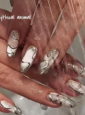 冰冻琉璃珠！猫眼冰透感欧美穿戴甲白色手绘透亮白百搭日常高级美