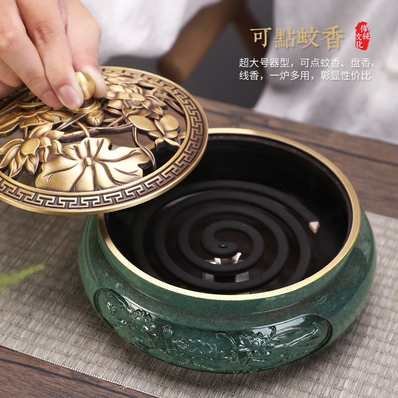 新品纯铜香e炉家用特大号盘香炉蚊香炉翡翠绿熏香炉檀香炉沉香炉
