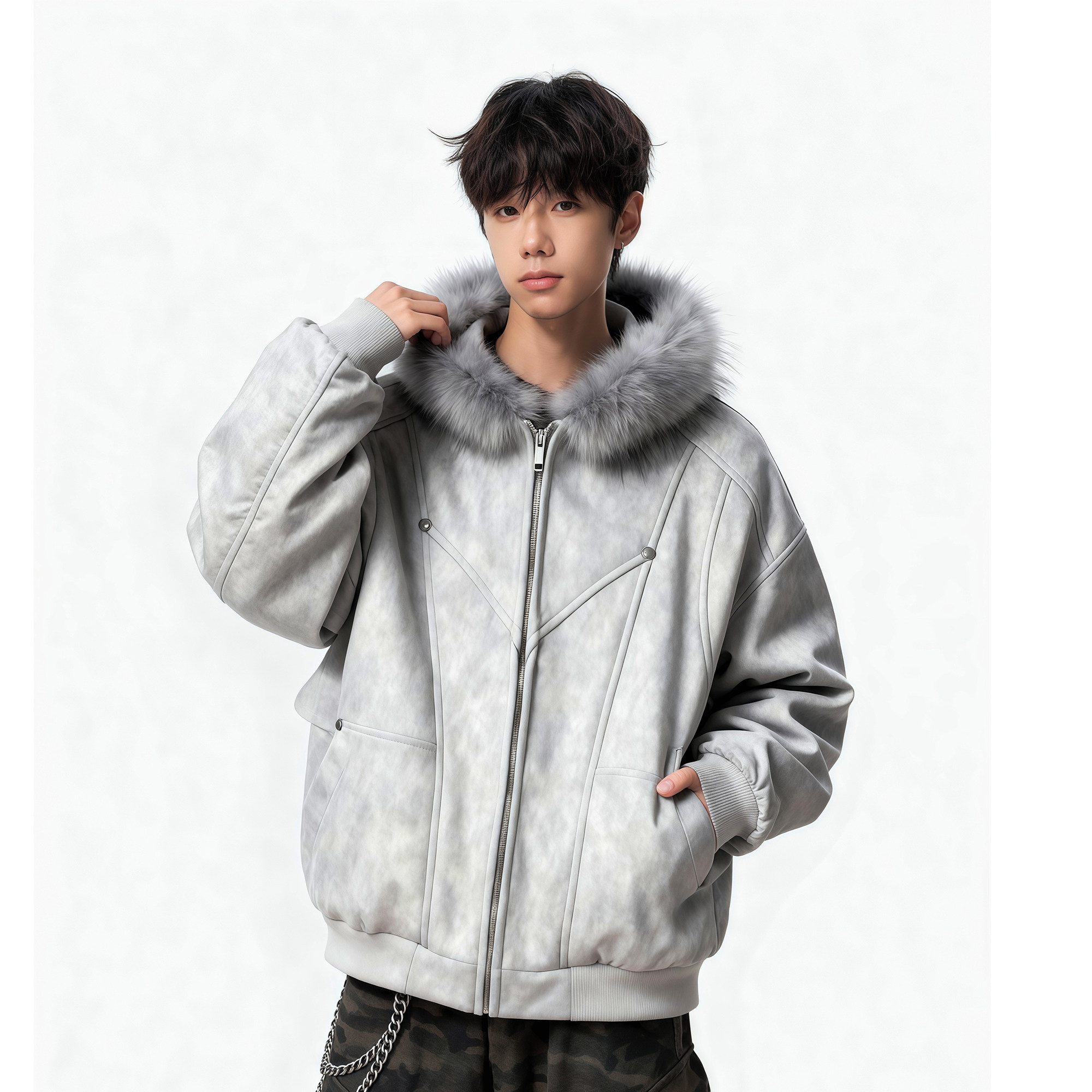 25冬座山雕加绒加厚连帽毛领式扎染棉服复古美特批705-W3692-P100,男装棉衣,星座705