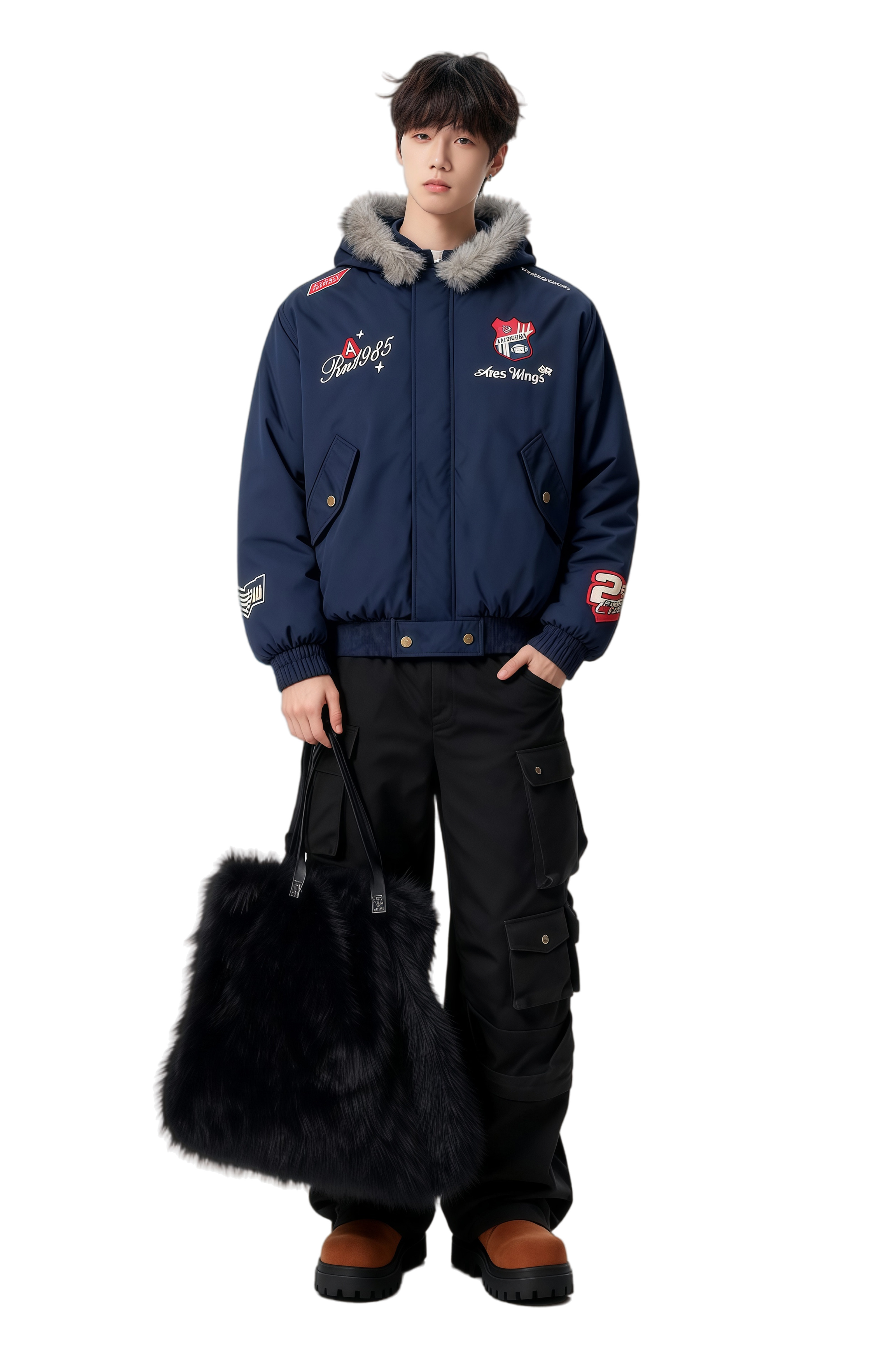 25冬复古刺绣徽章座山雕拆卸帽毛领美式暖棉服特批705-M3699-P100,男装棉衣,星座705