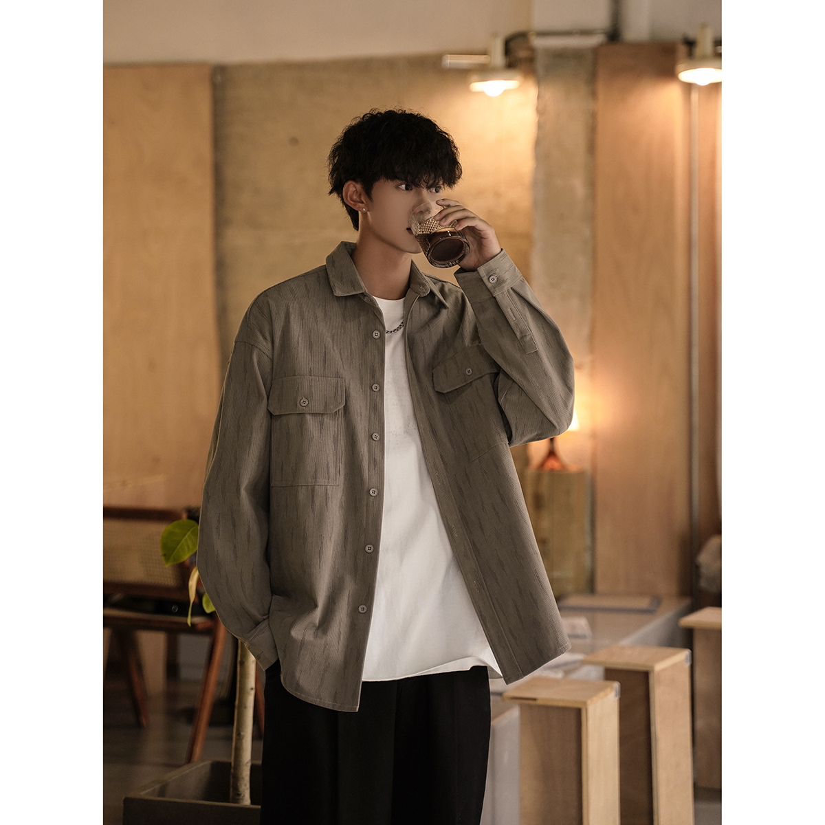 2025秋装新款灯芯绒长袖衬衣外套男衬衫港风705-CH506-P63控98，男装衬衫，星座705