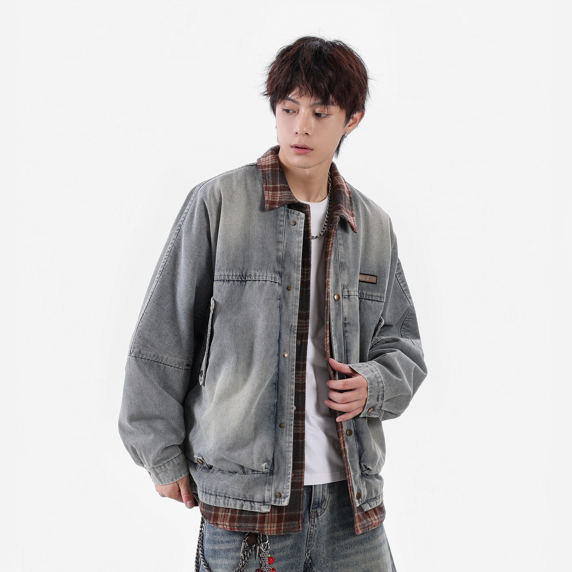 【现货】25秋新款牛仔水洗假两件时尚男夹克外套705-W8852-P128,男装工装外套,星座705