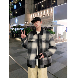 2025秋新毛呢格子撞色翻领夹克外套男港风705-W8822-P80控110图片