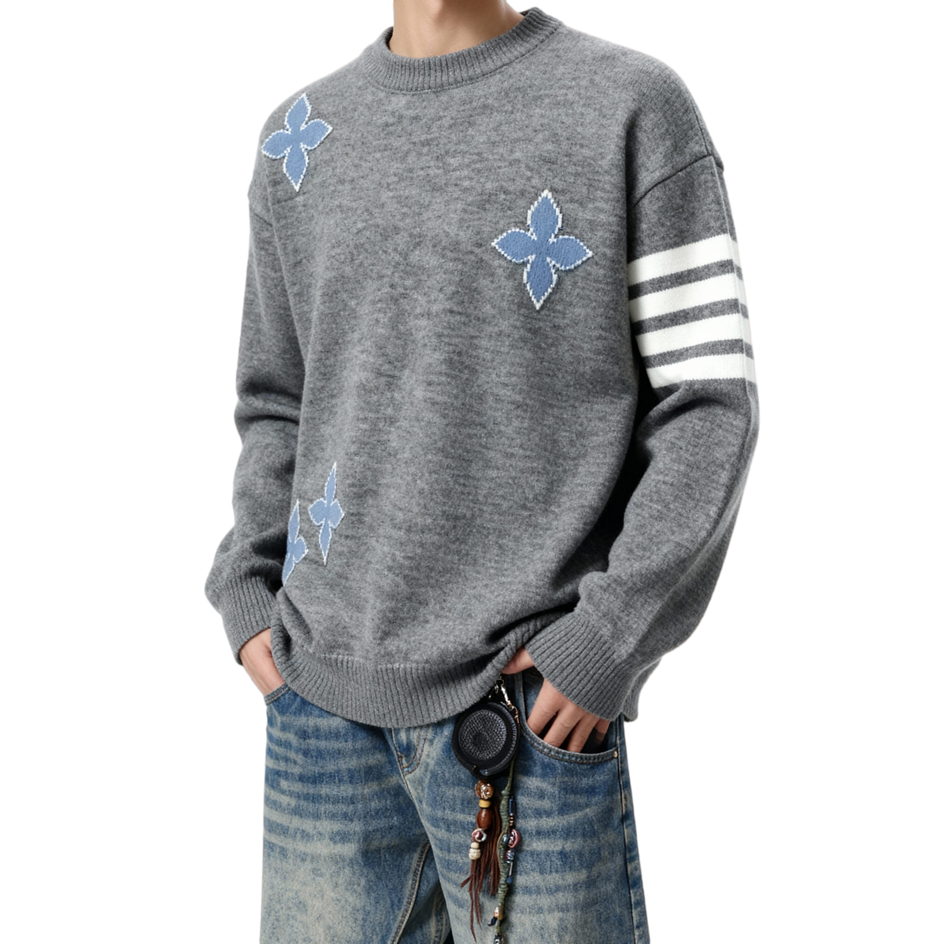 25冬潮轻奢高端撞色圆领慵懒风四叶条纹韩版针织毛衣705-Y812-P55，男装针织衫/毛衣，星座705